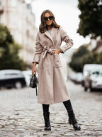 Women’s Clothing Autumn and Winter Minimalist Double Breasted Long Sleeved Lapel Overcoats Khaki / S