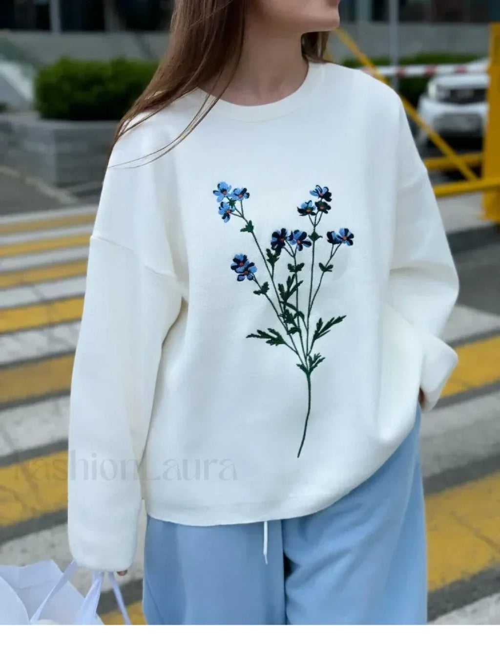 Women’s Flower Print Knitted Casual Round Neck Long Sleeve Loose Sweater Sweaters L