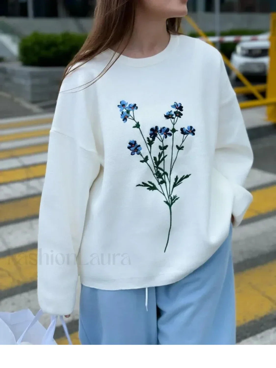 Women’s Flower Print Knitted Casual Round Neck Long Sleeve Loose Sweater Sweaters L
