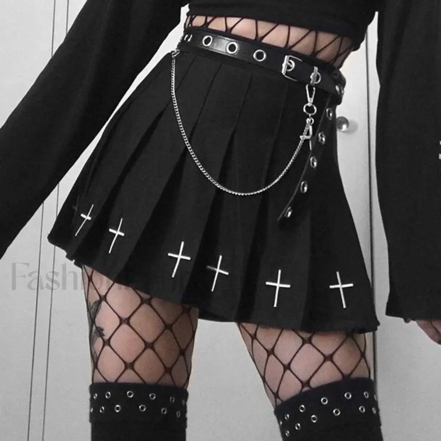 Women’s High Waist Gothic Mini Cross Pattern Mini Pleated Dark Style Skirt