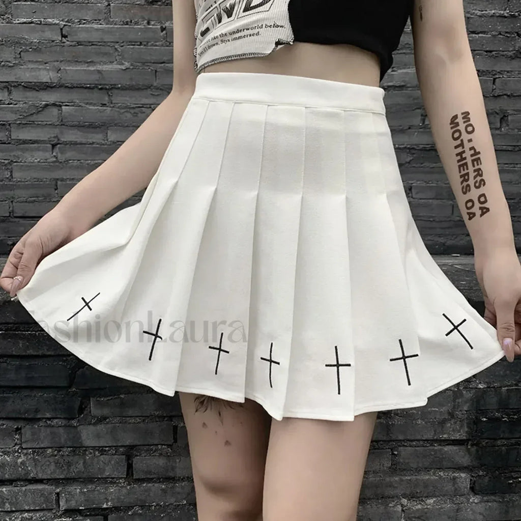 Women’s High Waist Gothic Mini Cross Pattern Mini Pleated Dark Style Skirt