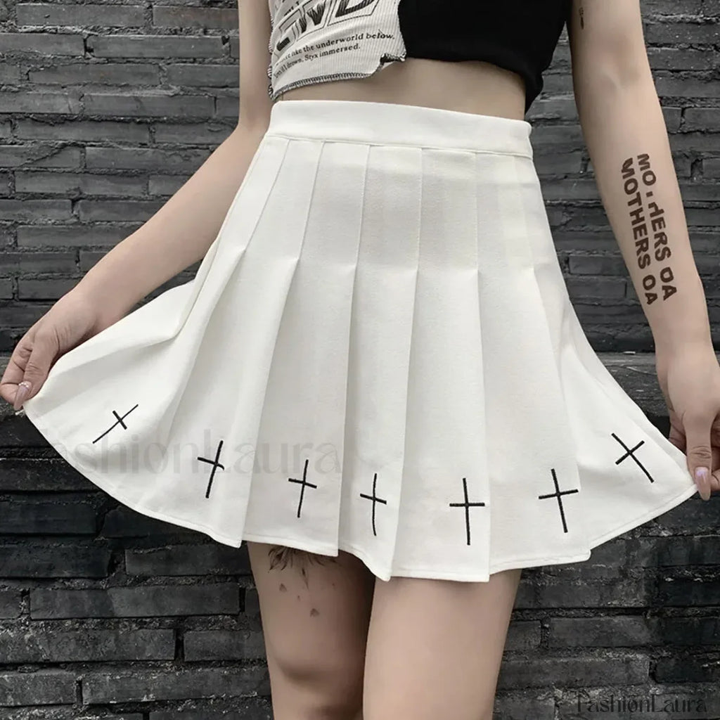 Women’s High Waist Gothic Mini Cross Pattern Mini Pleated Dark Style Skirt WHITE / S