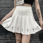 Women’s High Waist Gothic Mini Cross Pattern Mini Pleated Dark Style Skirt WHITE / S