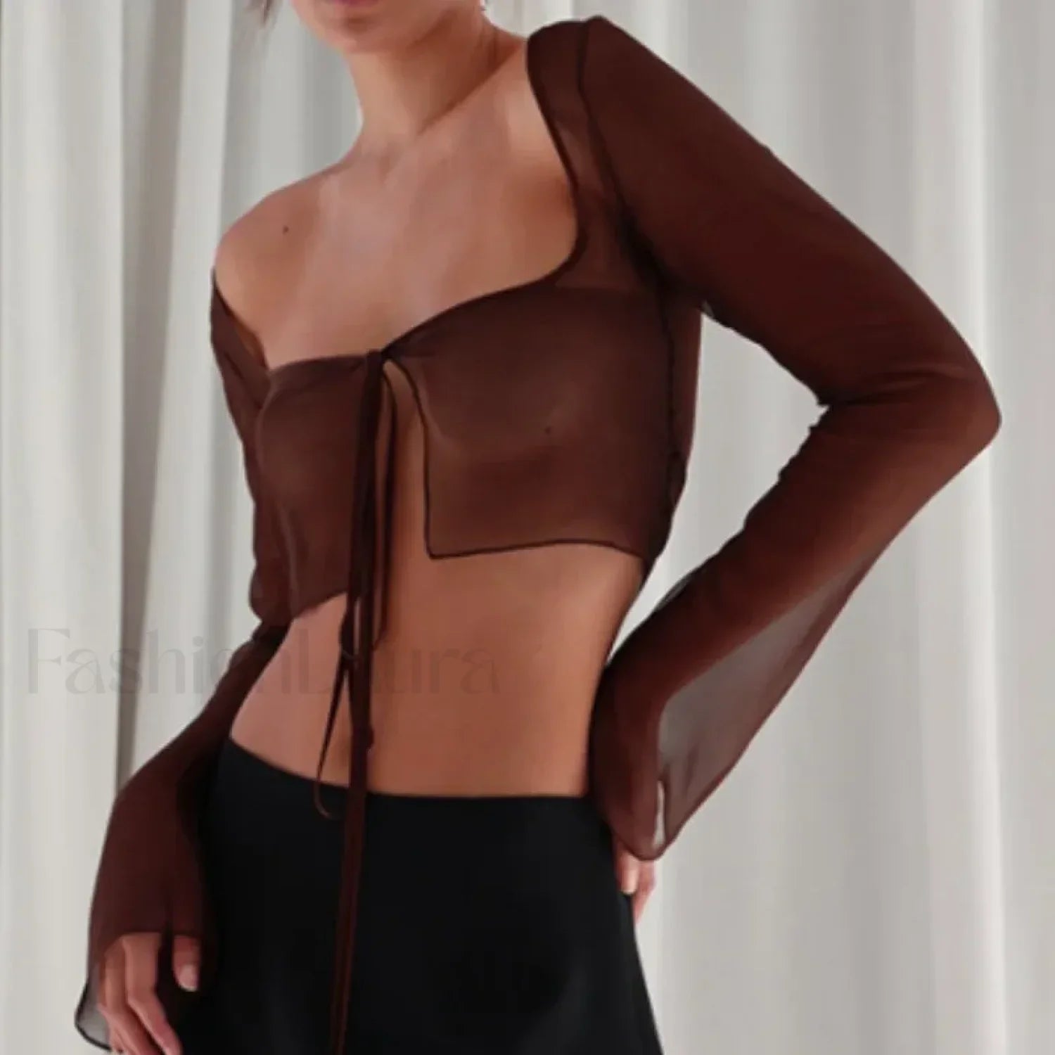 Women’s Long Sleeve Solid Tie Up Mesh Crop Top Brown / S