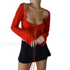 Women’s Long Sleeve Solid Tie Up Mesh Crop Top Red / S