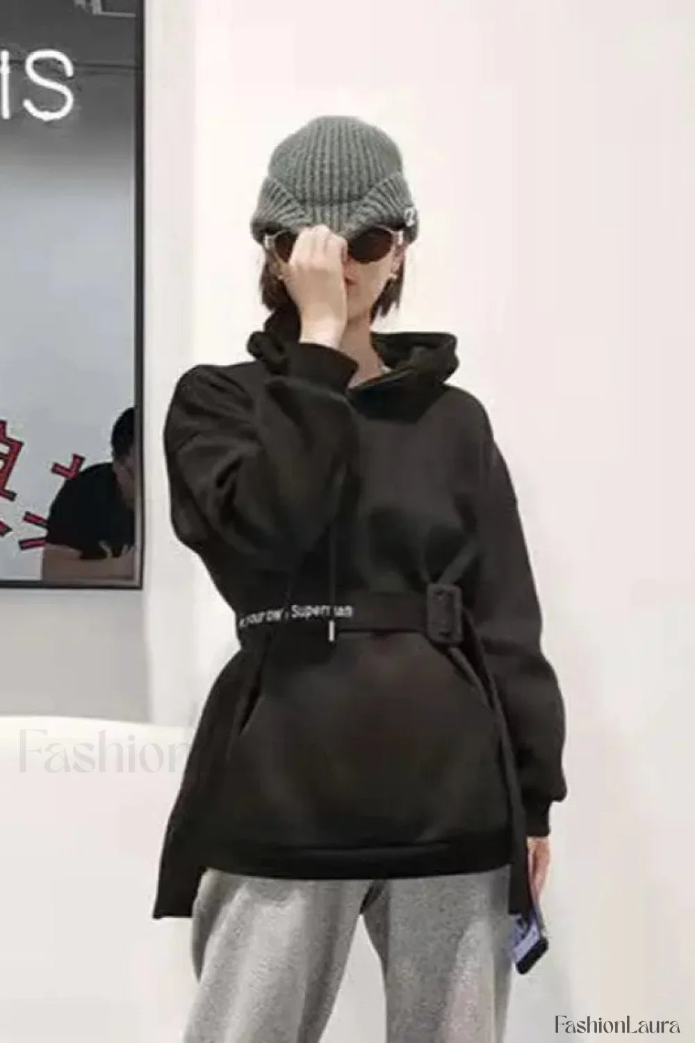 Women’s Loose Fit Hooded Hoodie Black (plus velvet) / S