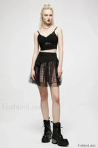 Women’s Mesh Panel Plaid High Waist Short College Style Stitched A line Youth Girl Mini BLACK / S