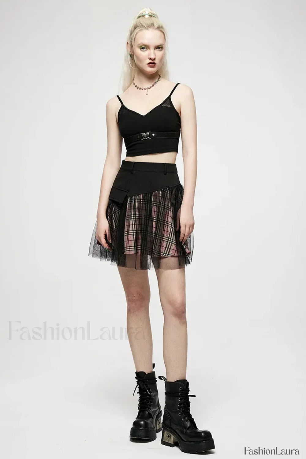 Women’s Mesh Panel Plaid High Waist Short College Style Stitched A line Youth Girl Mini BLACK / S