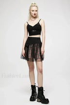 Women’s Mesh Panel Plaid High Waist Short College Style Stitched A line Youth Girl Mini BLACK / S