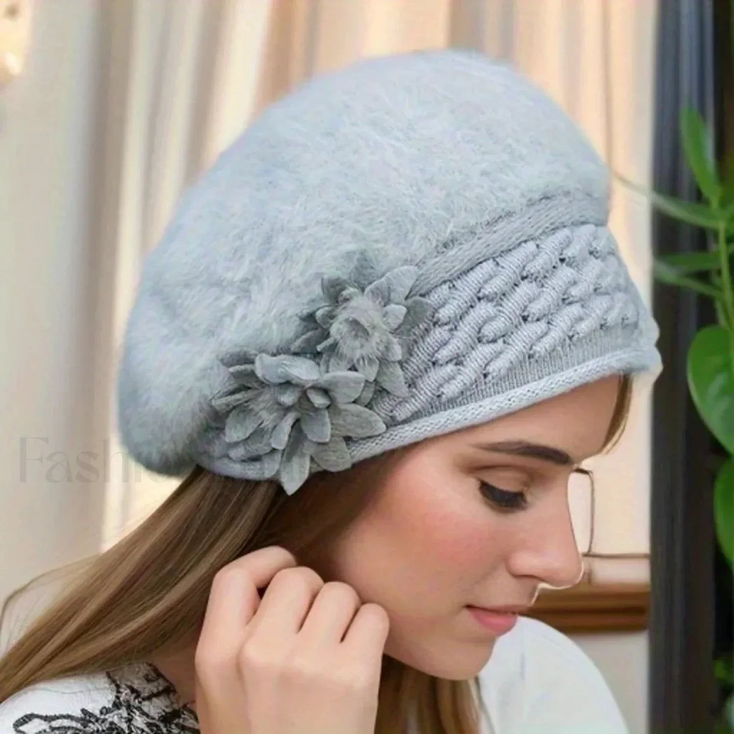 Women’s Winter New Korean Edition Warm Solid Beret Rabbit Hair Hat GRAY / 55 58cm