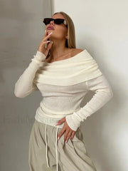 Wool Slim Off Shoulder T Shirt creamy white / S