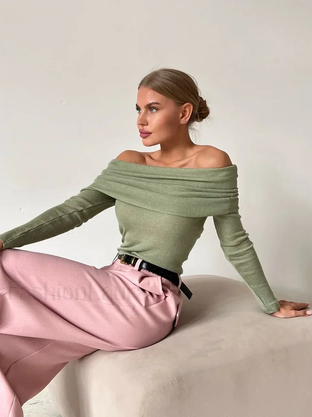 Wool Slim Off Shoulder T Shirt Light Green / S