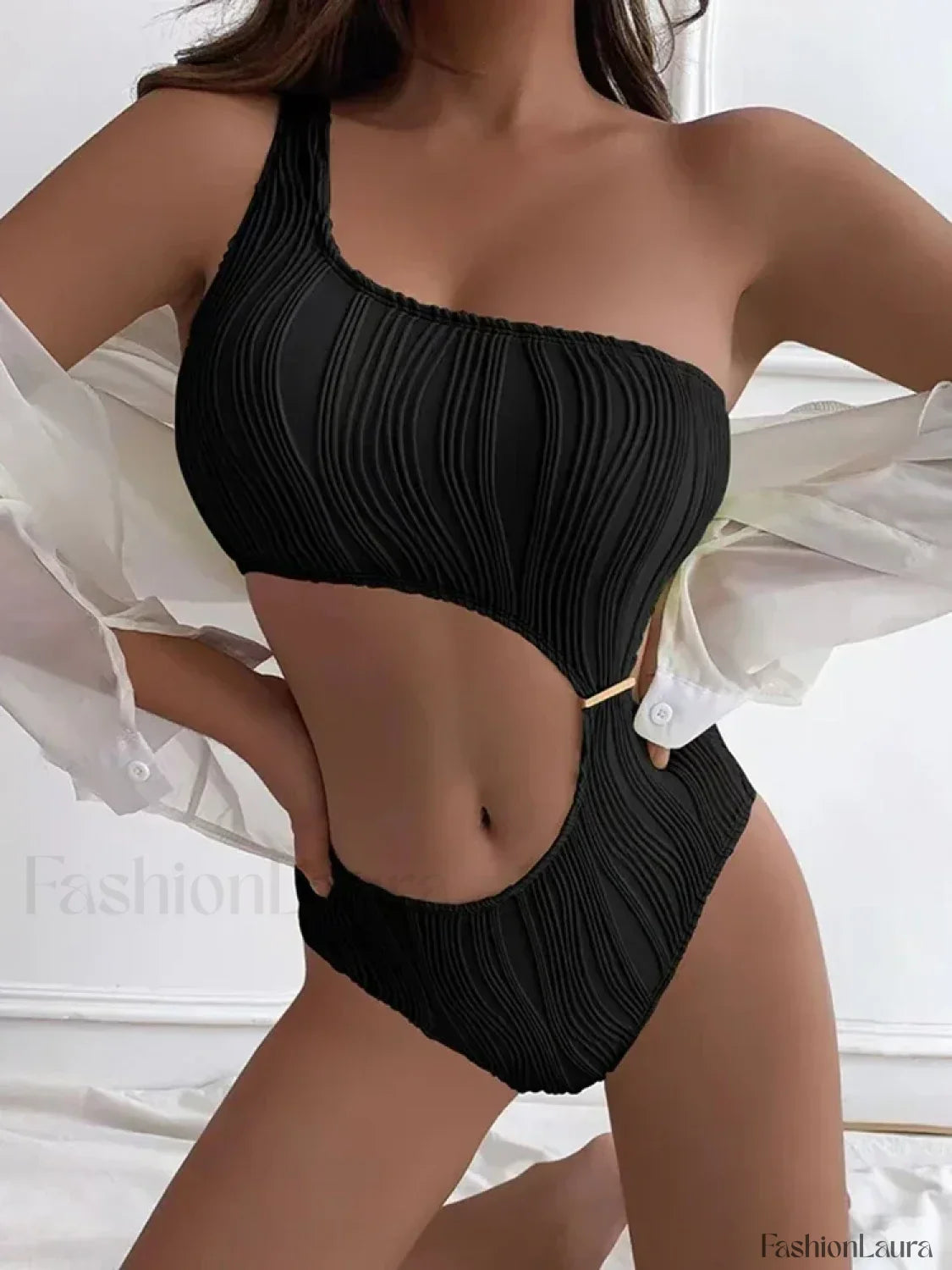 Wrinkled One Shoulder High Cut One Piece black / S