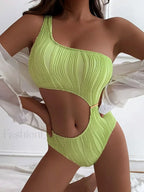 Wrinkled One Shoulder High Cut One Piece green / S