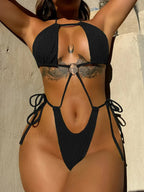 Wrinkled Tummy Cut One Piece Bikini Set Black / S