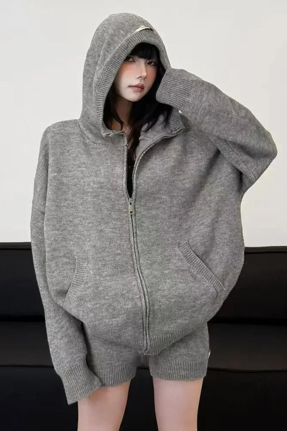 Y2K American Grey Zipper Hoodie Grey / S