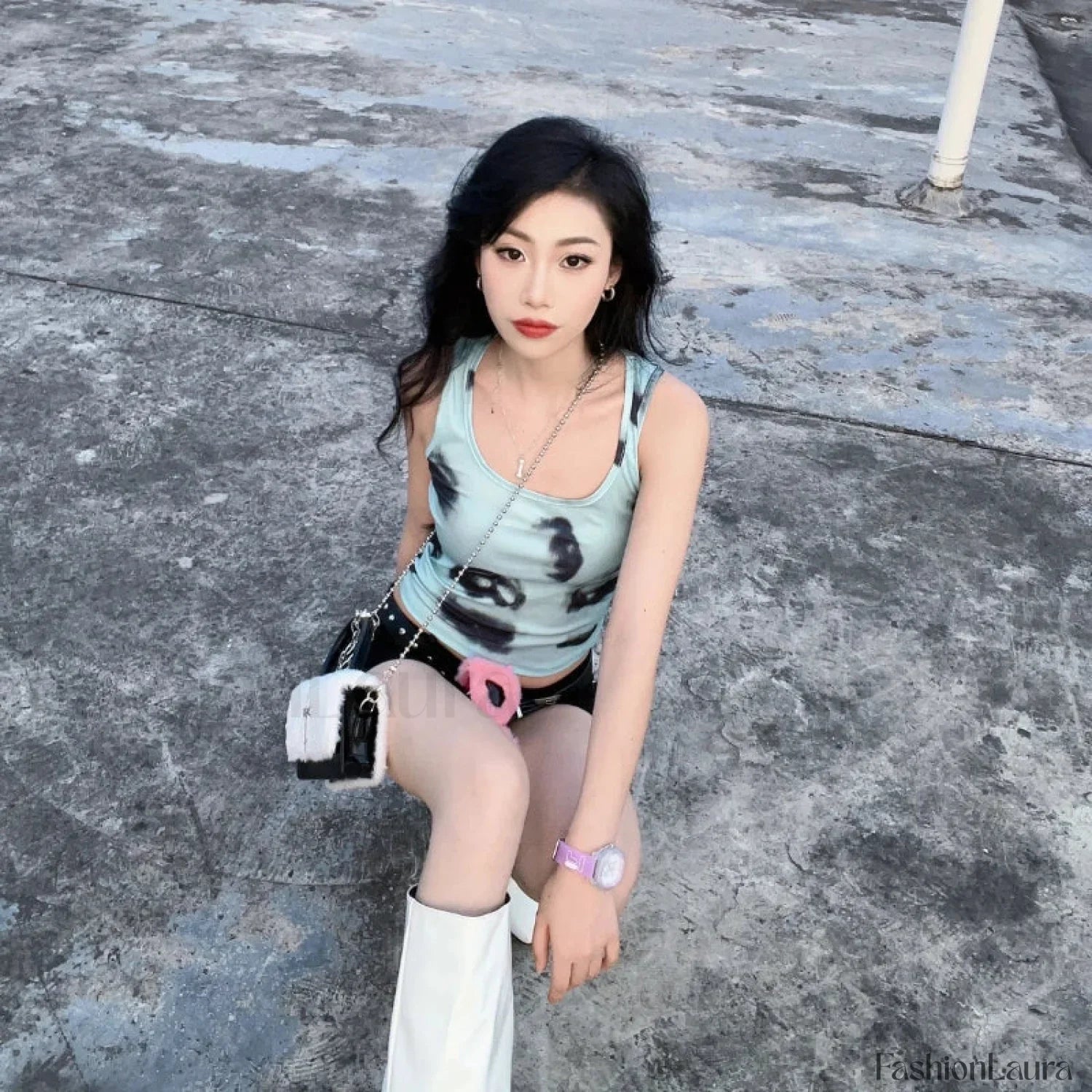 Y2K Applique Chain Cross Plush Crossbody Hot Hip Hop Girls Soft Gothic Bag Black White / 18X11cm