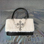 Y2K Applique Chain Cross Plush Crossbody Hot Hip Hop Girls Soft Gothic Bag Black White / 18X11cm