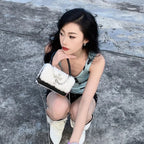 Y2K Applique Chain Cross Plush Crossbody Hot Hip Hop Girls Soft Gothic Bag Black White / 18X11cm