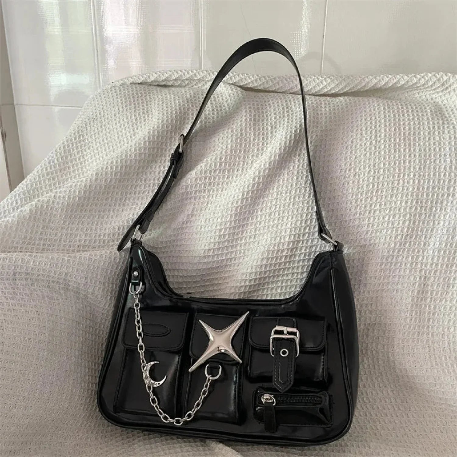 Y2K Black Harajuku Shoulder Chains Gothic Motorcycle Casual Fashion Bag Black / 25X13X7cm