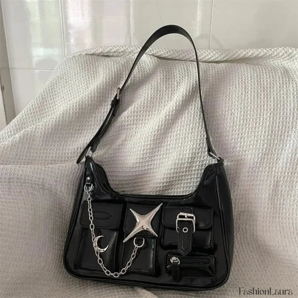Y2K Black Harajuku Shoulder Chains Gothic Motorcycle Casual Fashion Bag Black / 25X13X7cm