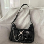 Y2K Black Harajuku Shoulder Chains Gothic Motorcycle Casual Fashion Bag Black / 25X13X7cm