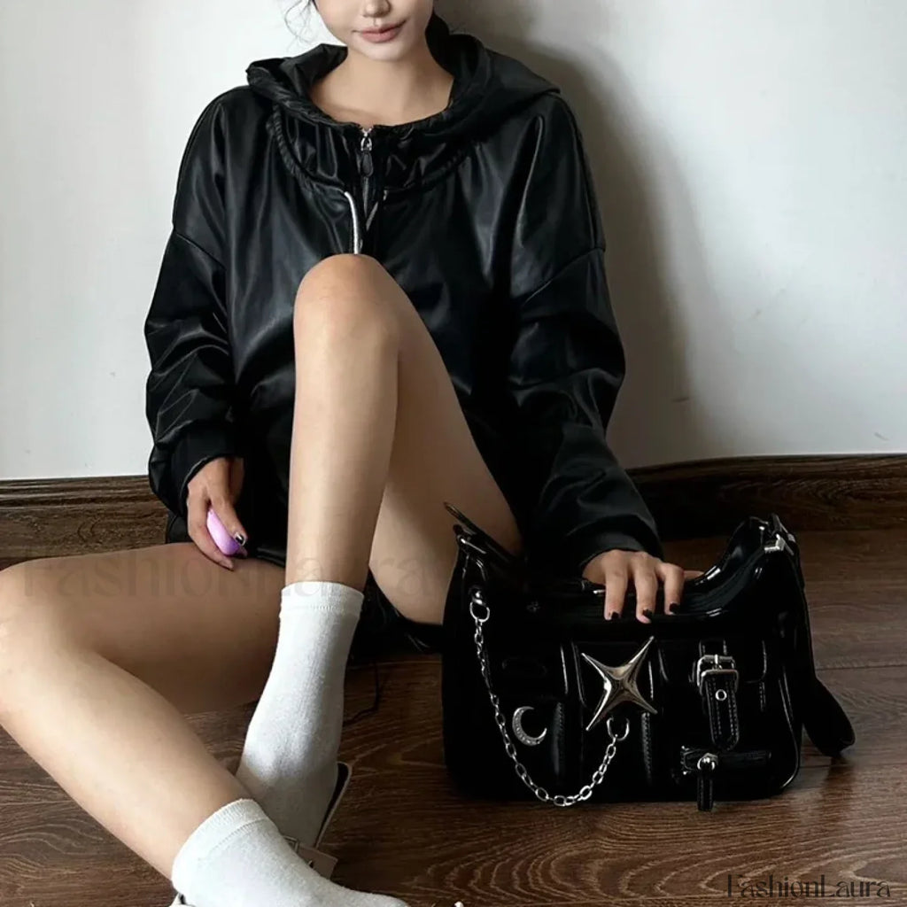 Y2K Black Harajuku Shoulder Chains Gothic Motorcycle Casual Fashion Bag Black / 25X13X7cm