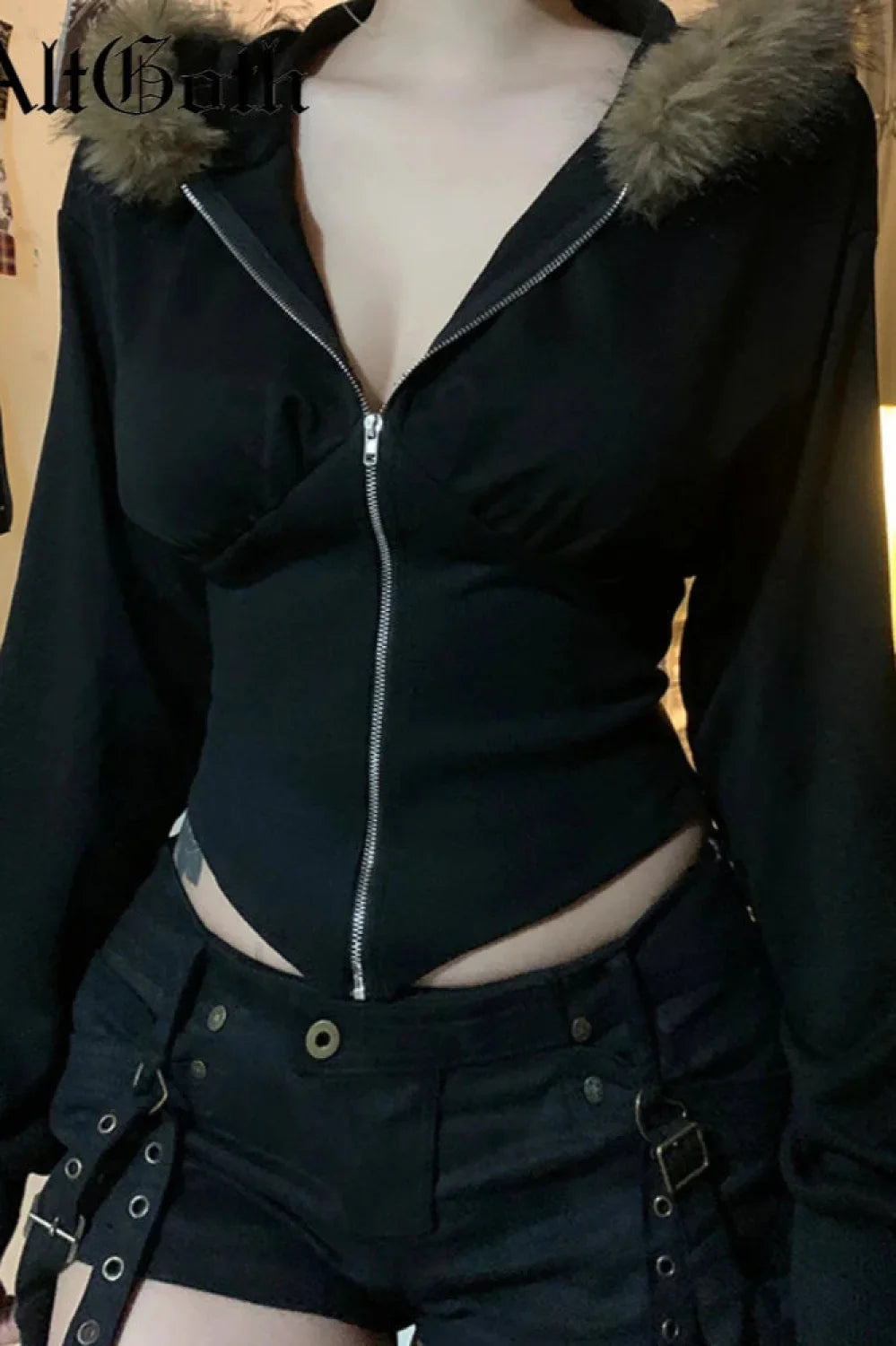 Y2K E girl Corset Hoodie Black / S