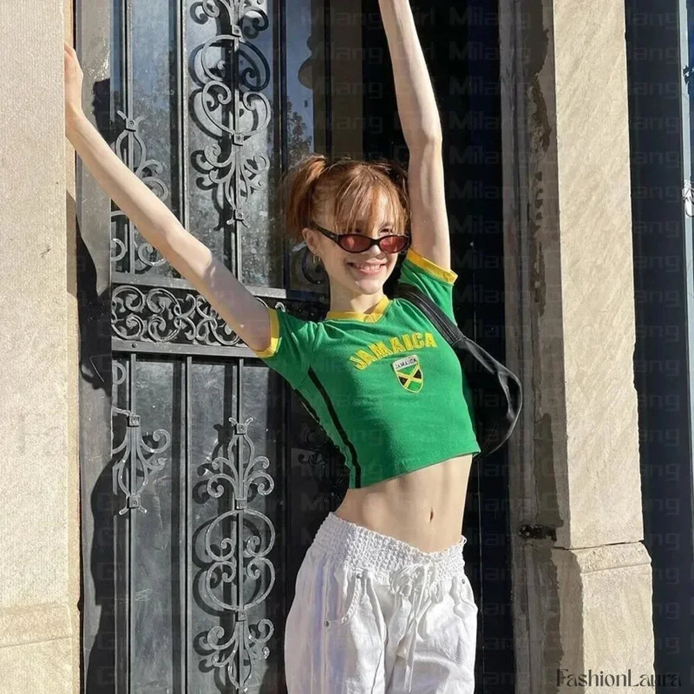 Y2k Embroidery Jamaican Crop T Shirt
