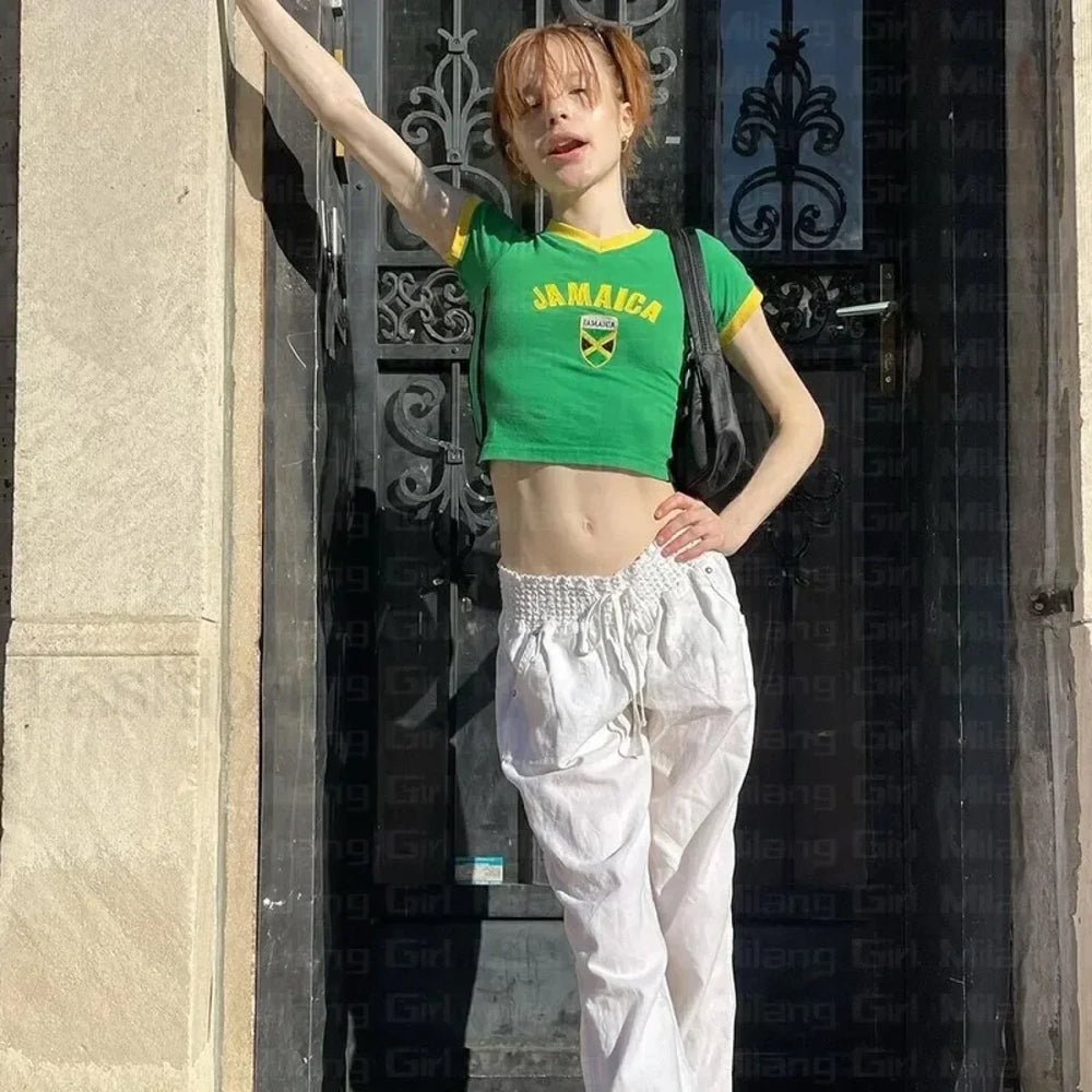 Y2k Embroidery Jamaican Crop T Shirt