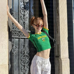 Y2k Embroidery Jamaican Crop T Shirt