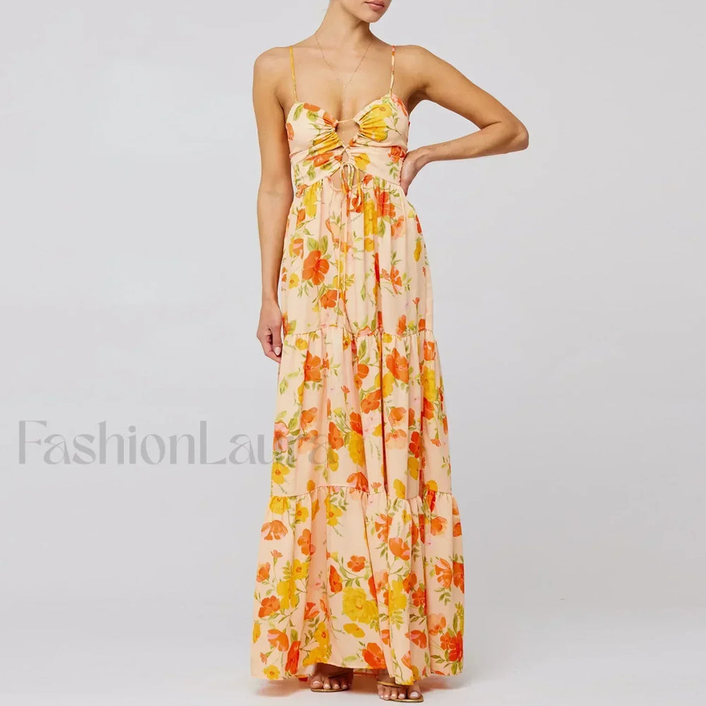 Y2K Floral Bodycon Spaghetti Maxi Dress