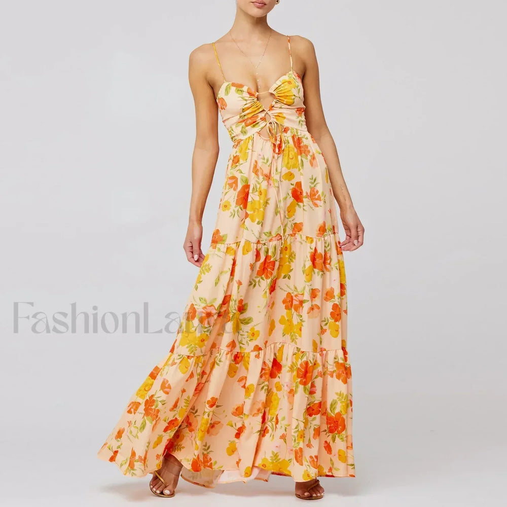 Y2K Floral Bodycon Spaghetti Maxi Dress Orange / S