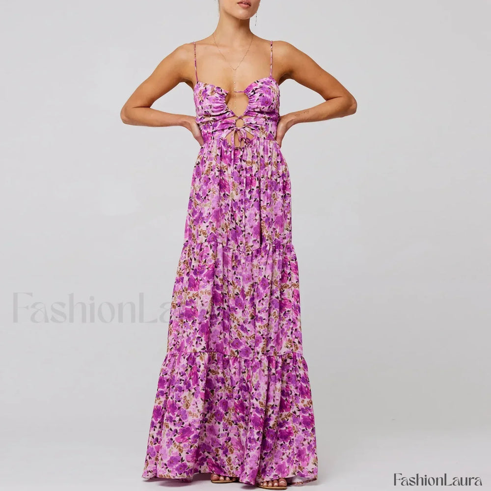Y2K Floral Bodycon Spaghetti Maxi Dress PURPLE / S