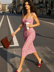 Y2K Floral Print Ankle Length Spaghetti Strap Floral Dress