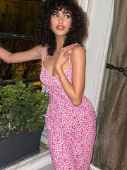 Y2K Floral Print Ankle Length Spaghetti Strap Floral Dress Pink / S