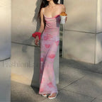 Y2K Floral Print Spaghetti Strap Mesh Bodycon Floral Dress