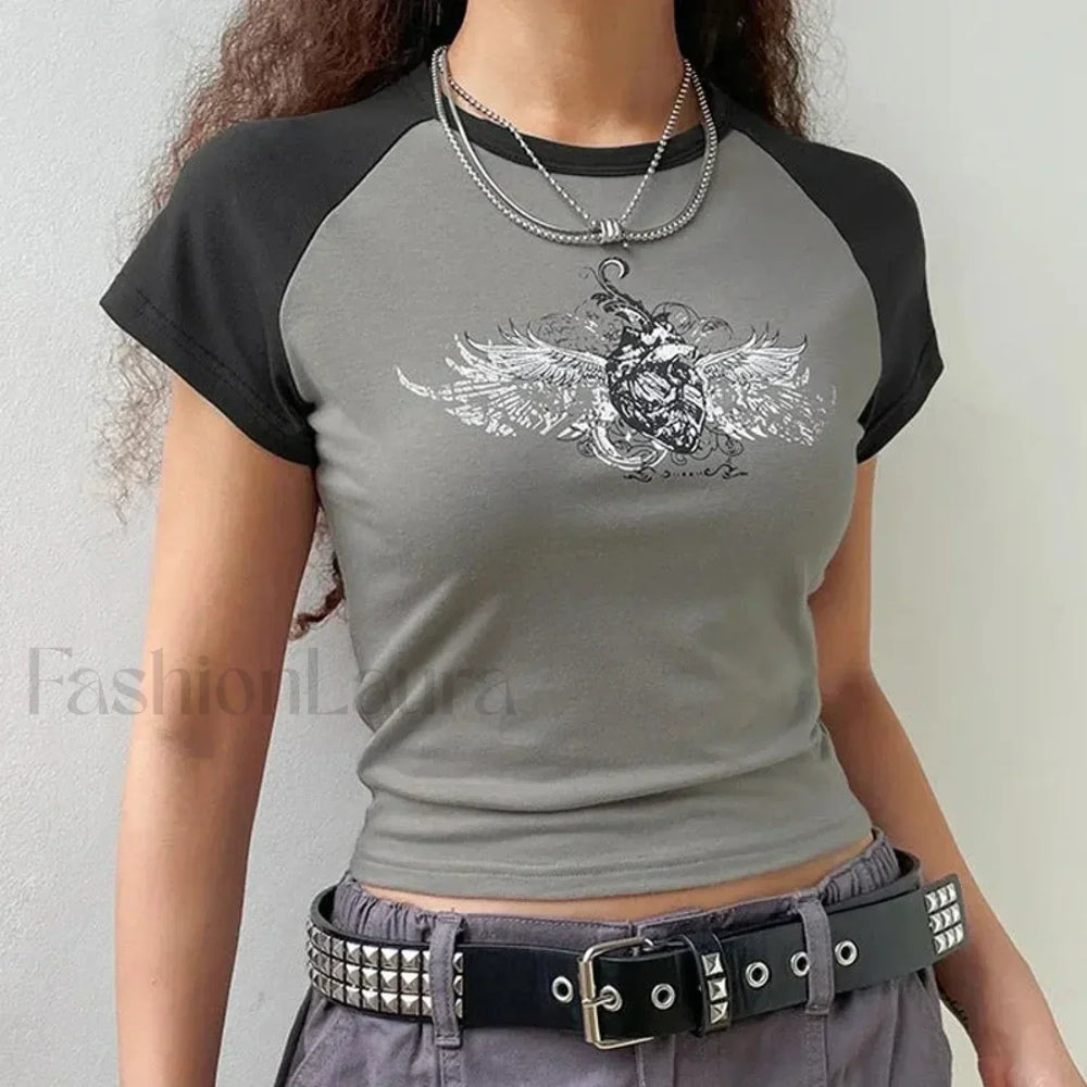 Y2K Gothic Emo Black & White T Shirt GRAY / XS