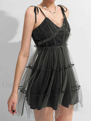 Y2K Gothic Patchwork Mesh Tie Strap Mini Dress Black / S Mini Dresses