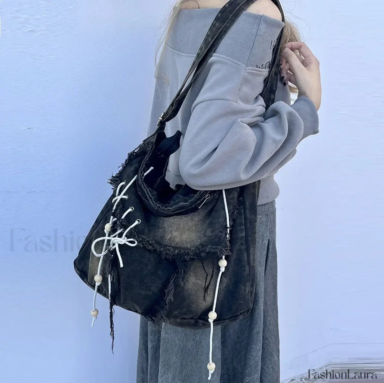 Y2K Harajuku Aesthetic Messenger Korean Gothic Vintage Denim Crossbody Bag Black