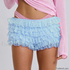 Y2K Kawaii Solid Color Fairy Tiered Ruffled Lace Elastic Low Waist Short blue / S