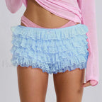 Y2K Kawaii Solid Color Fairy Tiered Ruffled Lace Elastic Low Waist Short blue / S