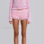 Y2K Kawaii Solid Color Fairy Tiered Ruffled Lace Elastic Low Waist Short pink / S