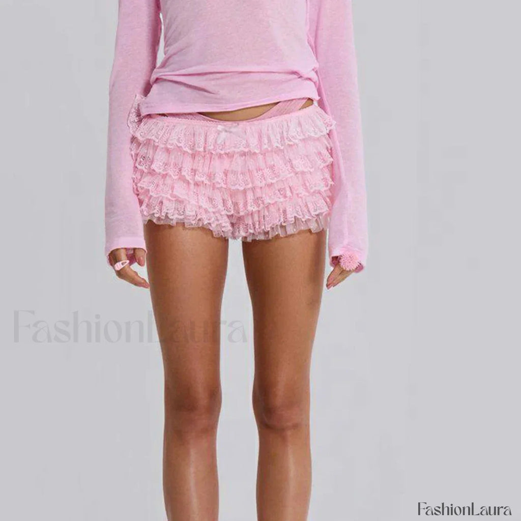 Y2K Kawaii Solid Color Fairy Tiered Ruffled Lace Elastic Low Waist Short pink / S