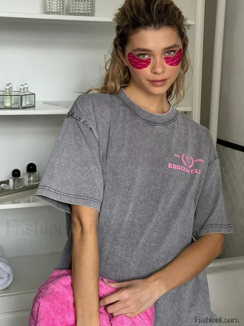 Y2K Letter Print Cotton T Shirt Light Grey / M