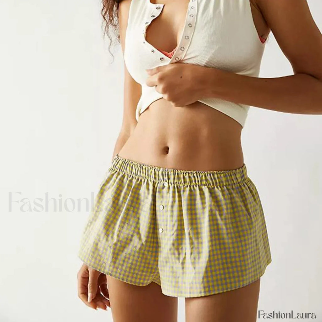 Y2K Plaid Casual Elastic Waist Fairy Aesthetic Lounge Short green / S