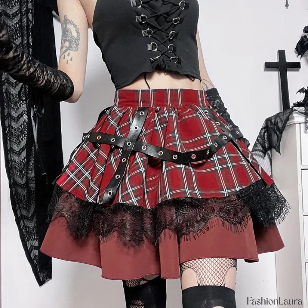 Y2k Pleated Lace Sweet Kawaii Harajuku Lolita Mini Gothic Cake Plaid Girls Skirt