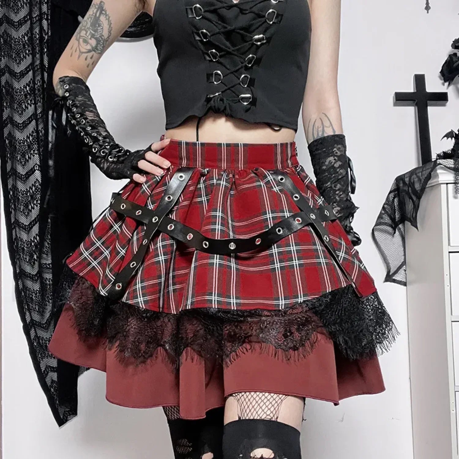 Y2k Pleated Lace Sweet Kawaii Harajuku Lolita Mini Gothic Cake Plaid Girls Skirt