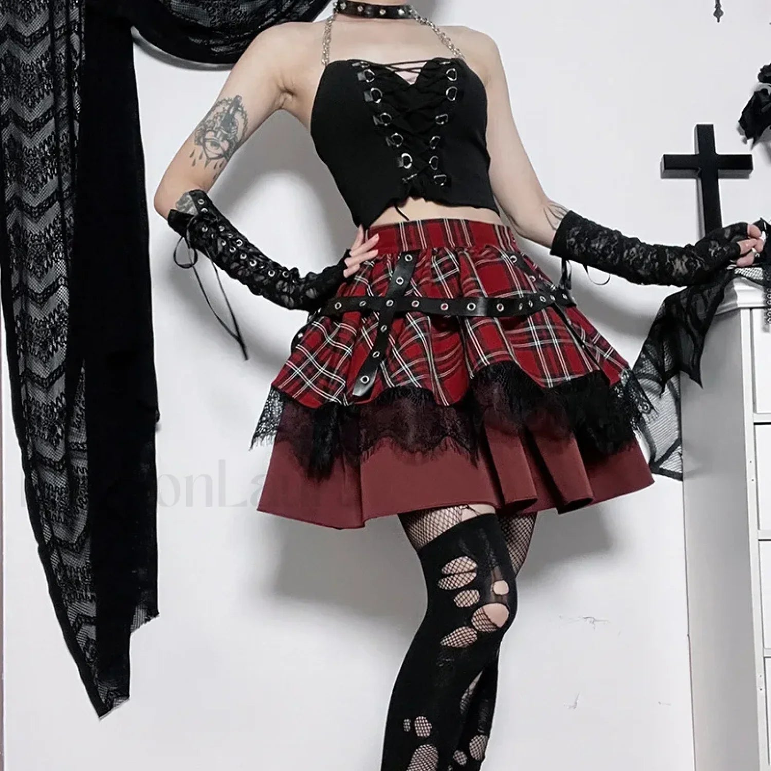Y2k Pleated Lace Sweet Kawaii Harajuku Lolita Mini Gothic Cake Plaid Girls Skirt