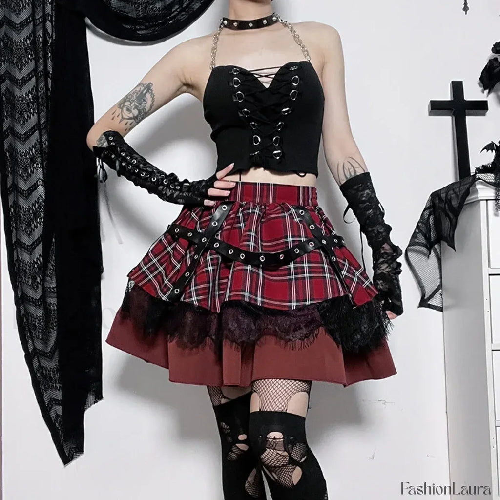 Y2k Pleated Lace Sweet Kawaii Harajuku Lolita Mini Gothic Cake Plaid Girls Skirt